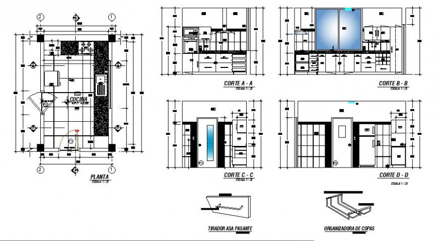 Plan and sectional detail of kitchen area drawing autocad file