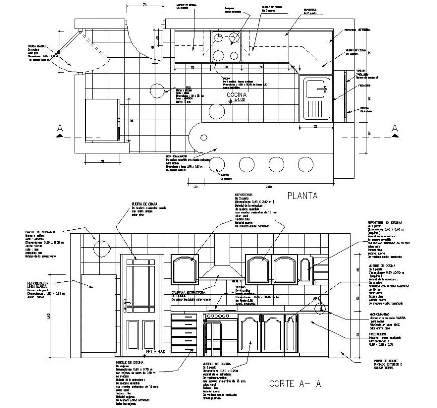 Plan and sectional detail of kitchen area drawing in autocad