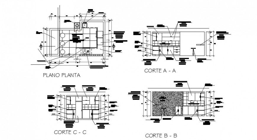 Plan and sectional detail of kitchen area with furniture blocks 2d view autocad file