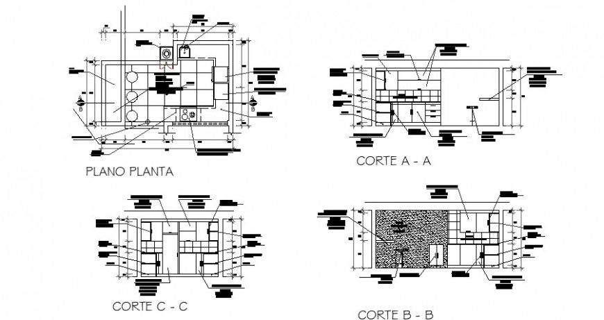 Plan and sectional detail of kitchen construction block autocad file