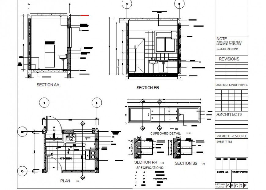 Plan and sectional detail of kitchen interior 2d view CAD block layout autocad file