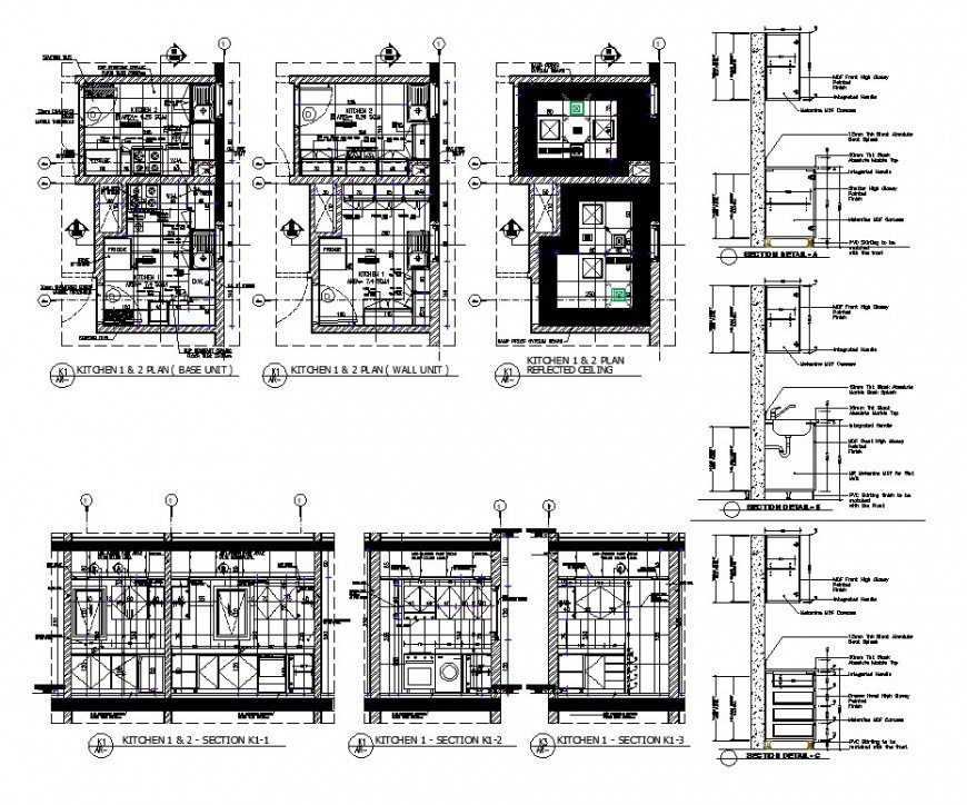 Plan and sectional detail of kitchen interior 2d view layout file in autocad format