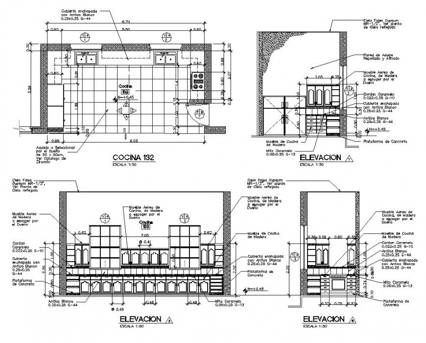 Plan and sectional detail of kitchen layout CAD structure autocad file
