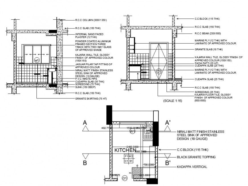 Plan and sectional detail of kitchen structure 2d view layout file in autocad format