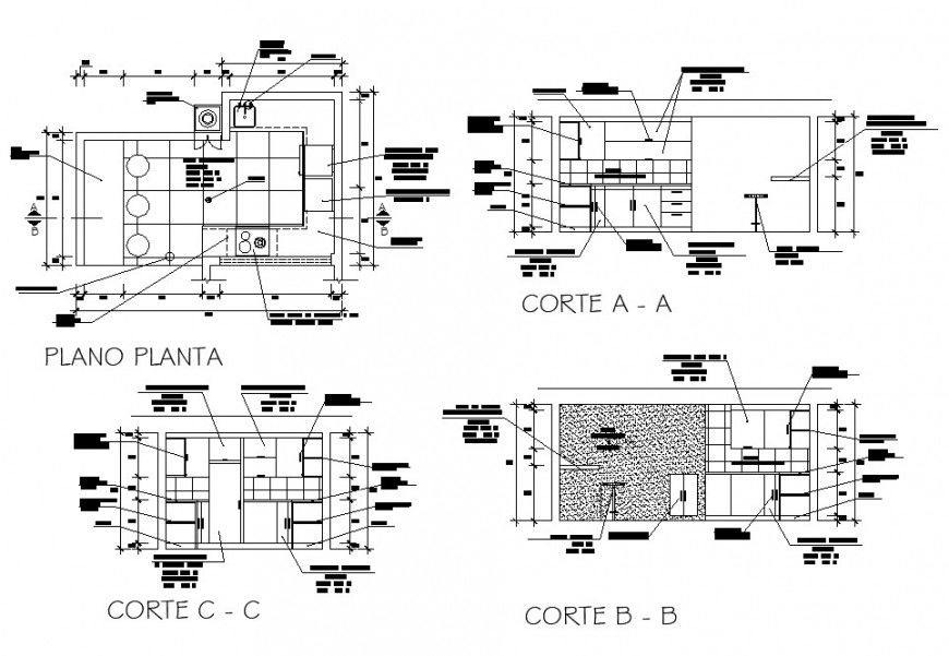 Plan and sectional detail of kitchen structure 2d view layout file in dwg format