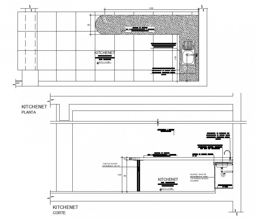 Plan and sectional detail of kitchen structure layout file in autocad format