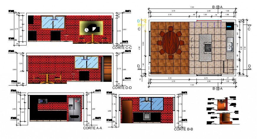 Plan and sectional detail of kitchen with dining area 2d view autocad file