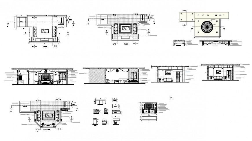 Plan and sectional detail of living room layout file in autocad format