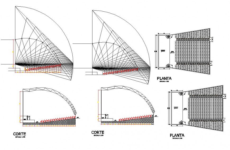 Plan and sectional detail of multiplex theater building block detail autocad file