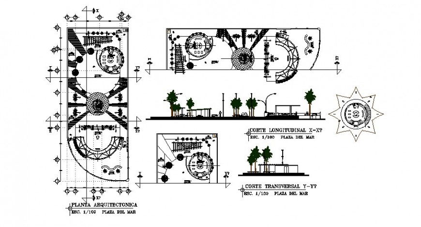 Plan and sectional detail of public park detail 2d view layout file in autocad format