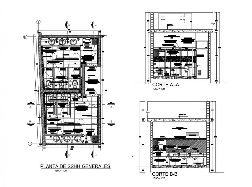 Plan and sectional detail of public toilet 2d view layout file in autocad format