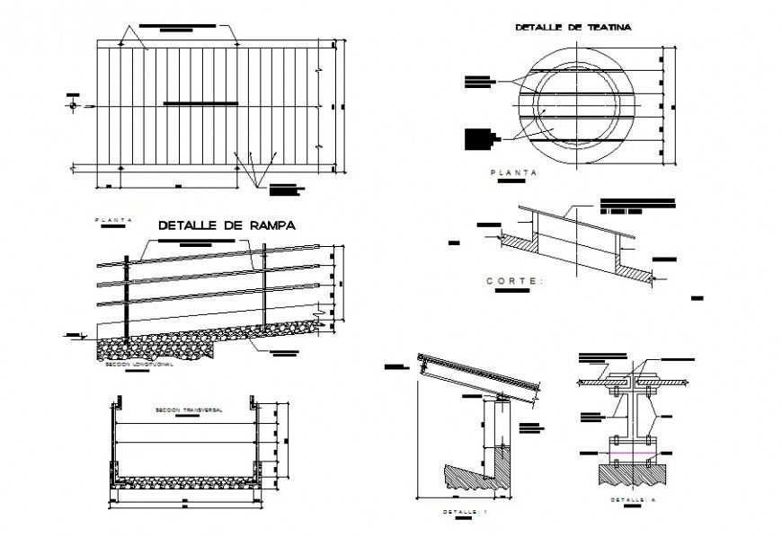 Plan and sectional detail of railing and roof structure 2d view layout autocad file