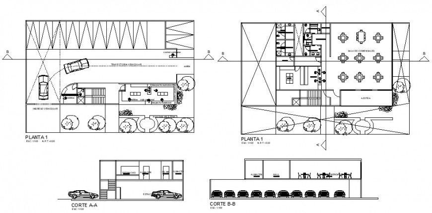 Plan and sectional detail of restaurant building 2d view autocad file