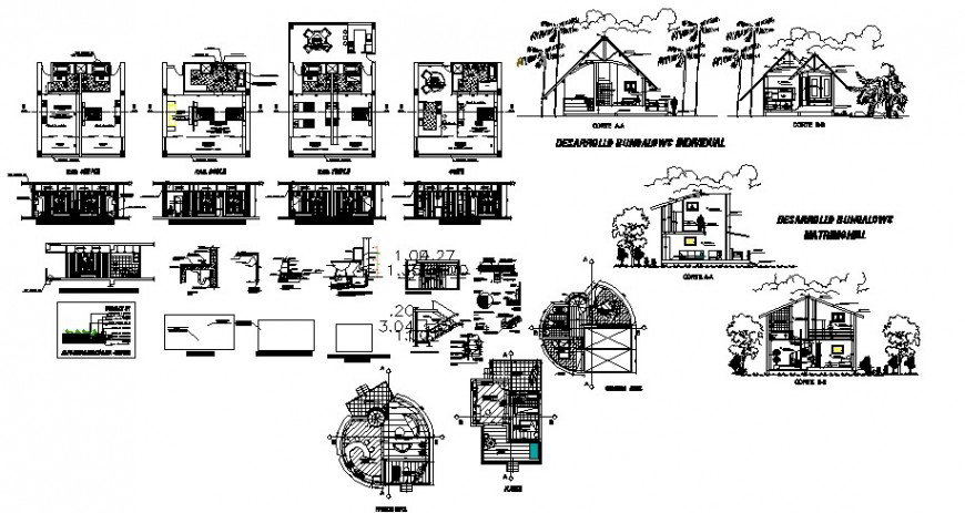 Plan and sectional detail of roofing house block 2d view autocad file