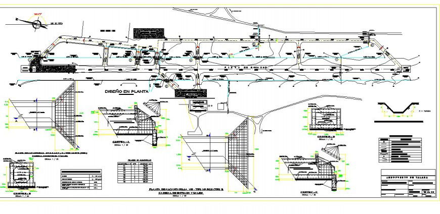 Plan and sectional detail of runway of airport 2d view layout autocad file