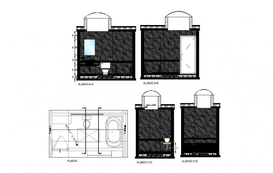 Plan and sectional detail of sanitary bathroom 2d view atocad file