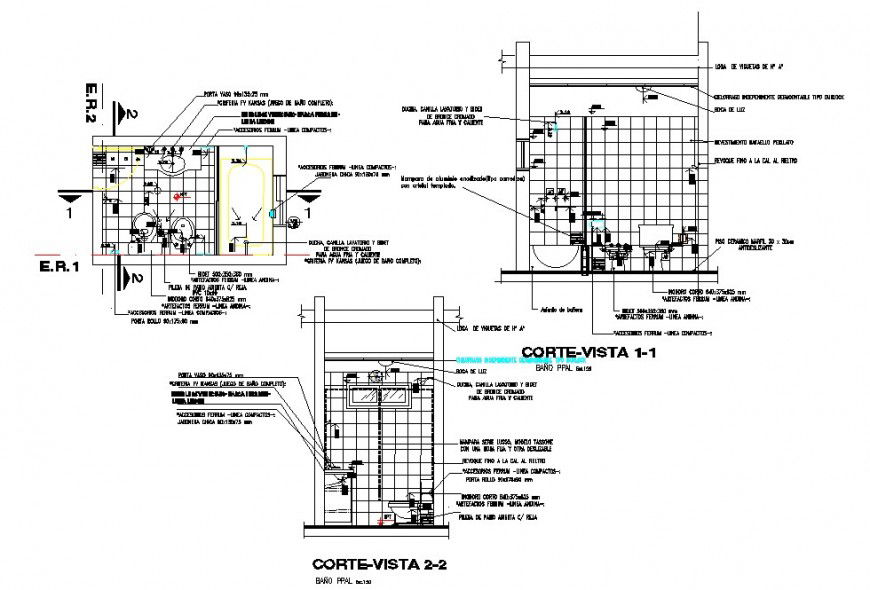 Plan and sectional detail of sanitary bathroom block layout file in autocad format