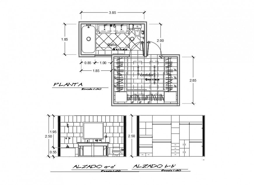 Plan and sectional detail of sanitary bathroom layout file in autocad format