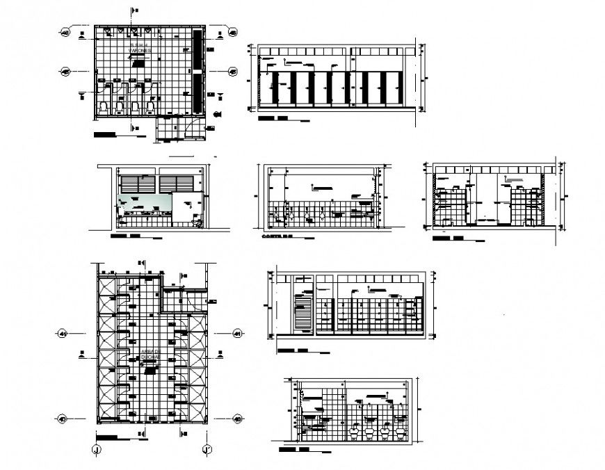 Plan and sectional detail of Sanitary public toilet unit 2d view autocad file