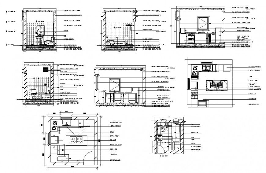 Plan and sectional detail of sanitary toilet and kitchen 2d view layout CAD structure autocad file
