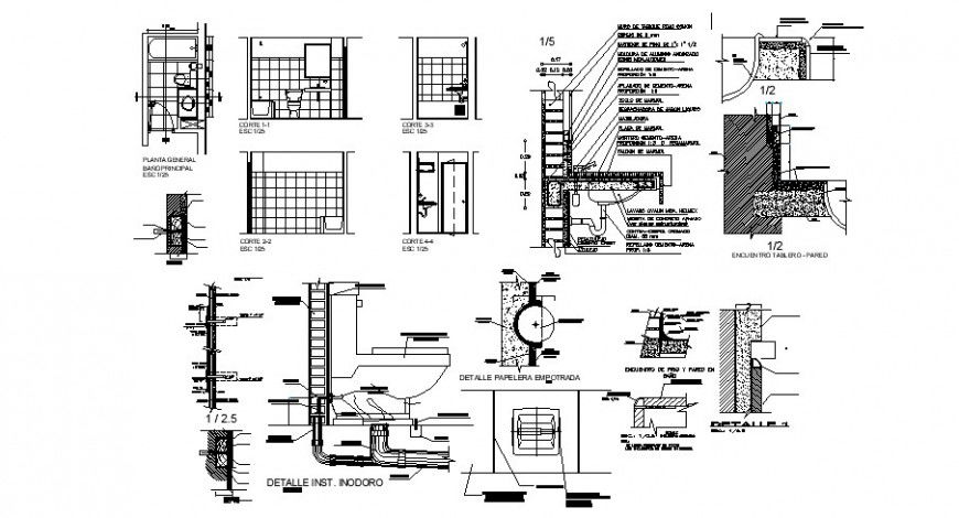 Plan and sectional detail of sanitary toilet block 2d view autocad file