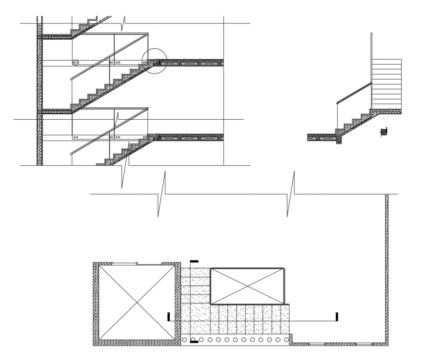 Plan and sectional detail of staircase 2d view autocad file