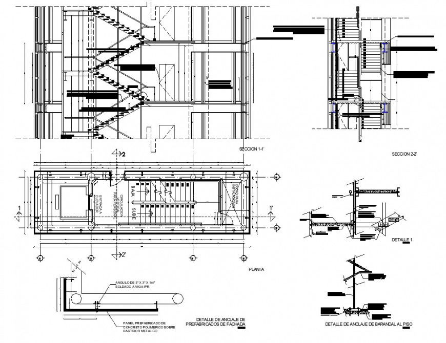 Plan and sectional detail of staircase structure layout file in autocad file
