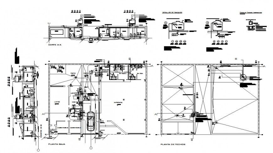 Plan and sectional detail of water distribution building structure 2d view CAD block autocad file