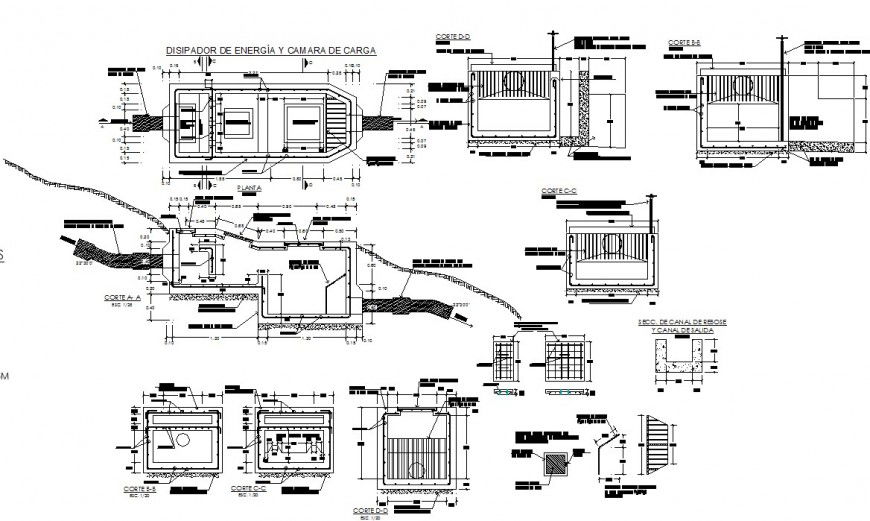 Plan and sectional detail of water purification system and distribution 2d view CAD block dwg file