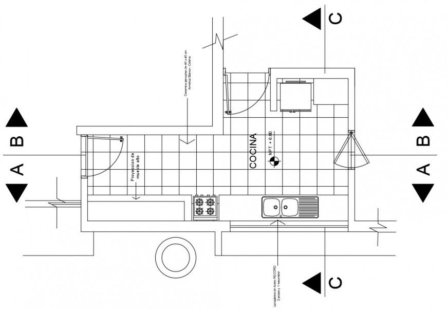 Plan and sectional details of kitchen 2d view layout plan dwg file
