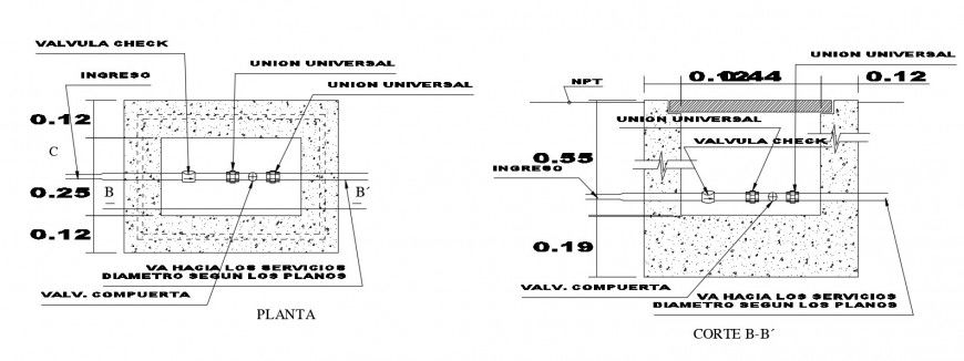 Plan and sectional drawings detailing of plumbing blocks dwg file