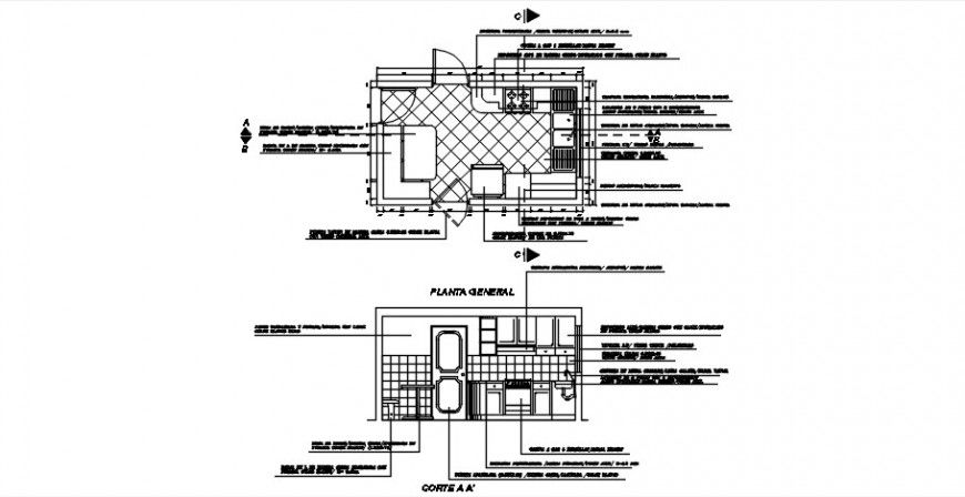 Plan and sectional drawings details of kitchen area layout dwg file
