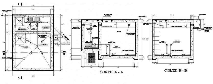 Plan and sectional drawings details of water tank 2d view dwg file