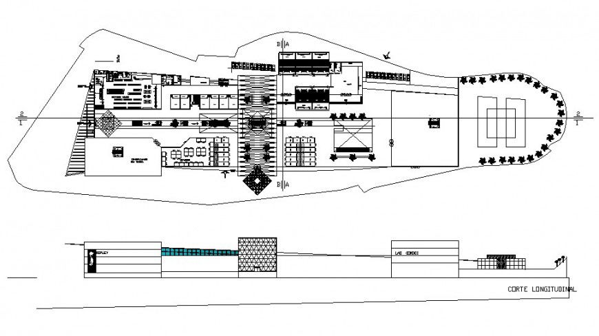 Plan and sectional elevation of commercial Centre in auto cad