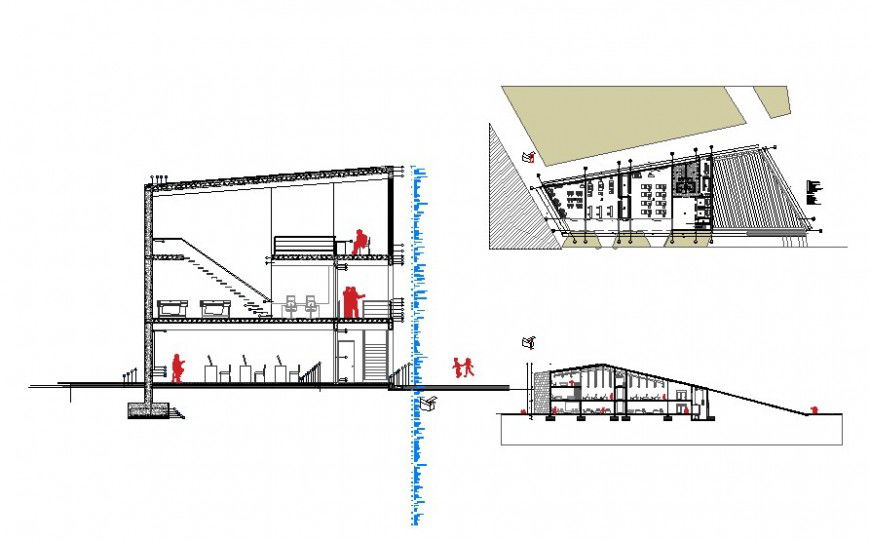 Plan and sectional of office building 2d view CAD block layout file in Autocad format