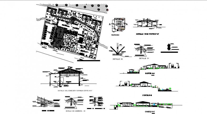 Plan and sectional of restaurant building with furniture blocks dwg file
