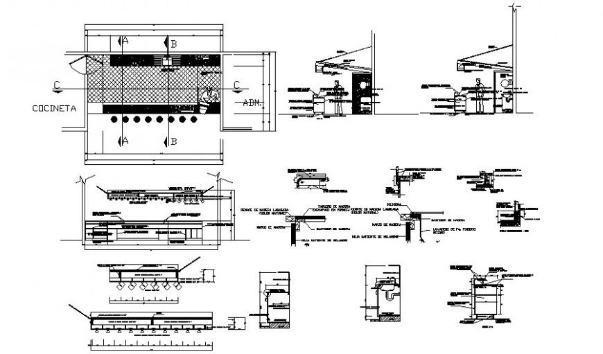Plan and sectional of restaurant bar area AutoCAD drawing