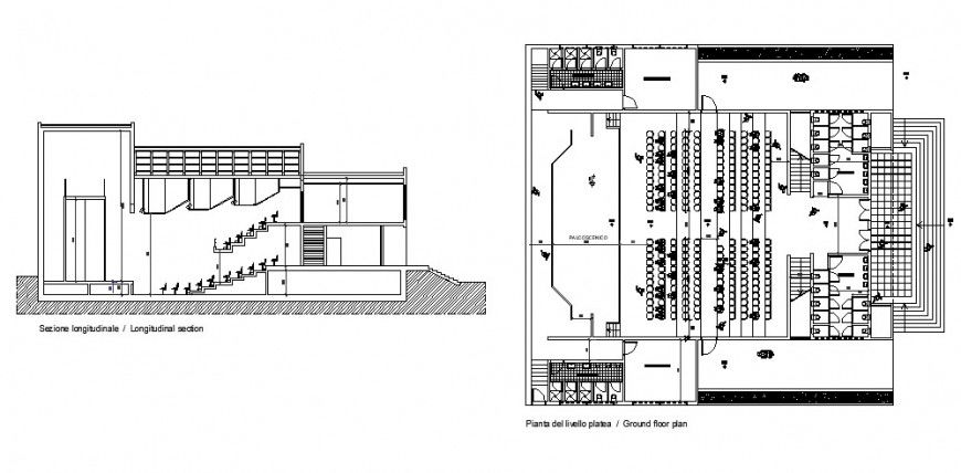 Plan and sectional theater detail 2d view autocad file