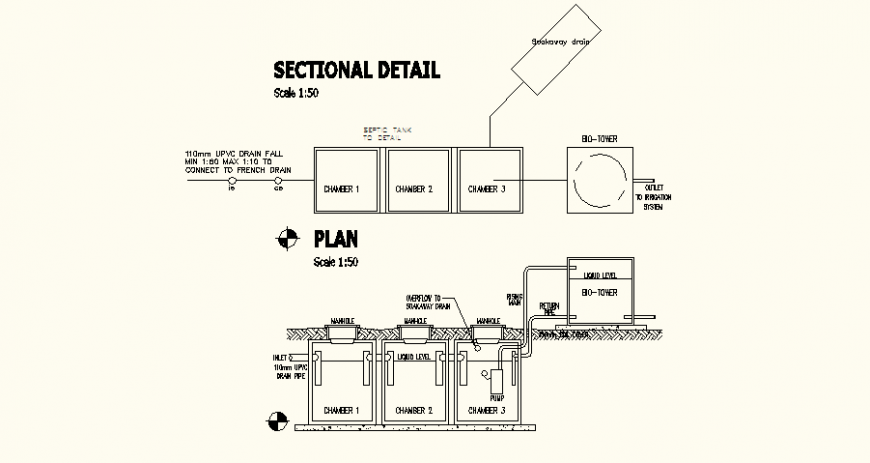 Plan and sectional with detail of French drain single line with chamber design dwg file