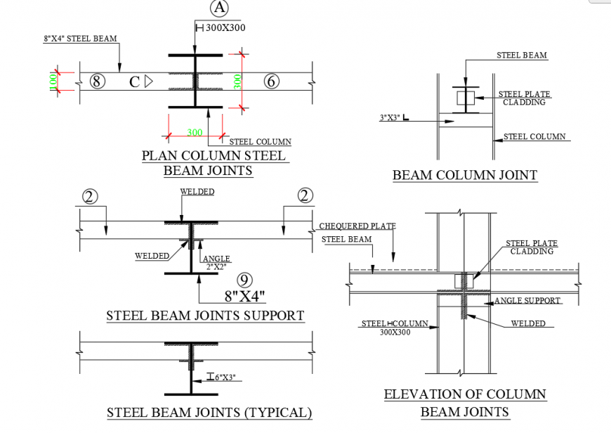 Plan Column Steel beam Support Joints Detail