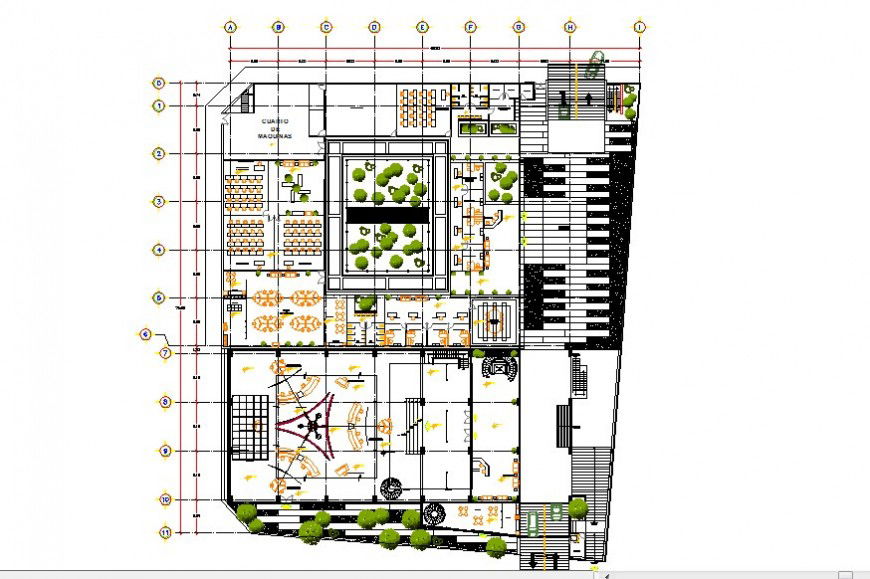 Plan drawings details of commerce building hub 2d view dwg file