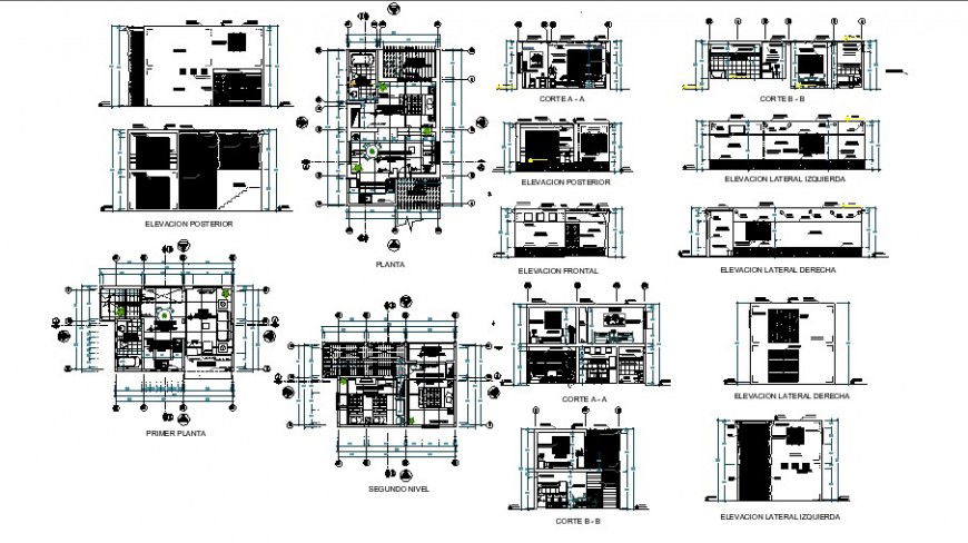 Plan elevation and section view of bungalows in auto cad