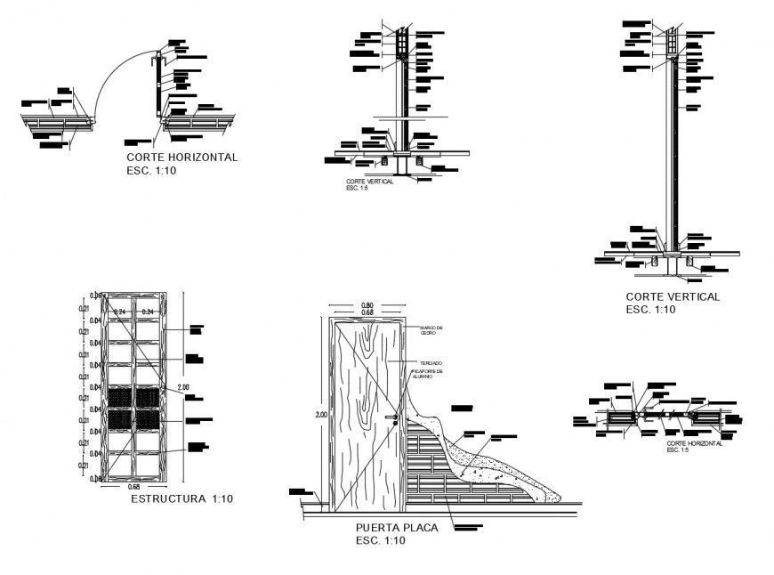Plan elevation and section view of door furniture structure in auto cad file