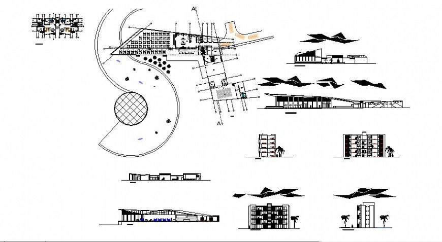 Plan elevation and section view of ocean area club in auto cad