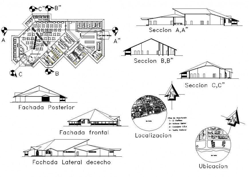 Plan elevation and sectional detail of hotel with furniture 2d view layout autocad file