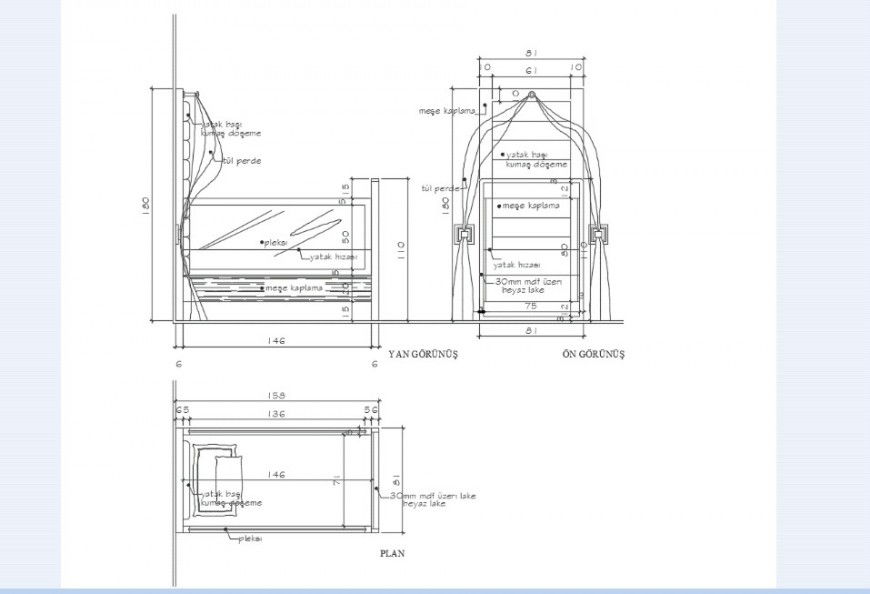 Plan elevation and side view of bed furniture block in AutoCAD file