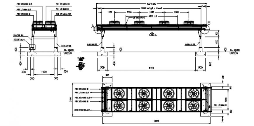 Plan elevation and side view of foundation of radiator in auto cad