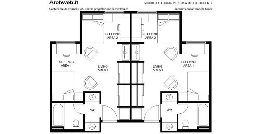 Plan of a youth housing with detail dwg file.