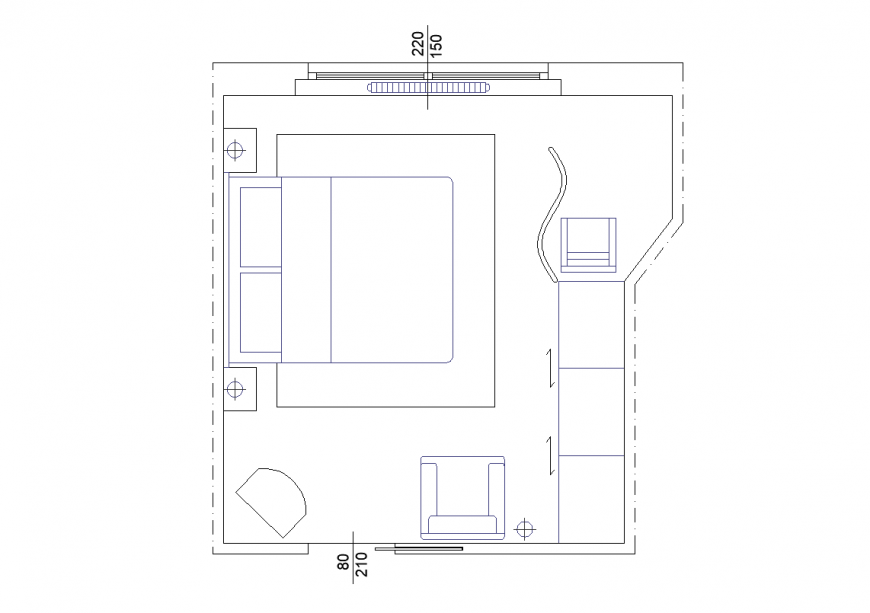 Plan of bedroom design with interior view dwg file