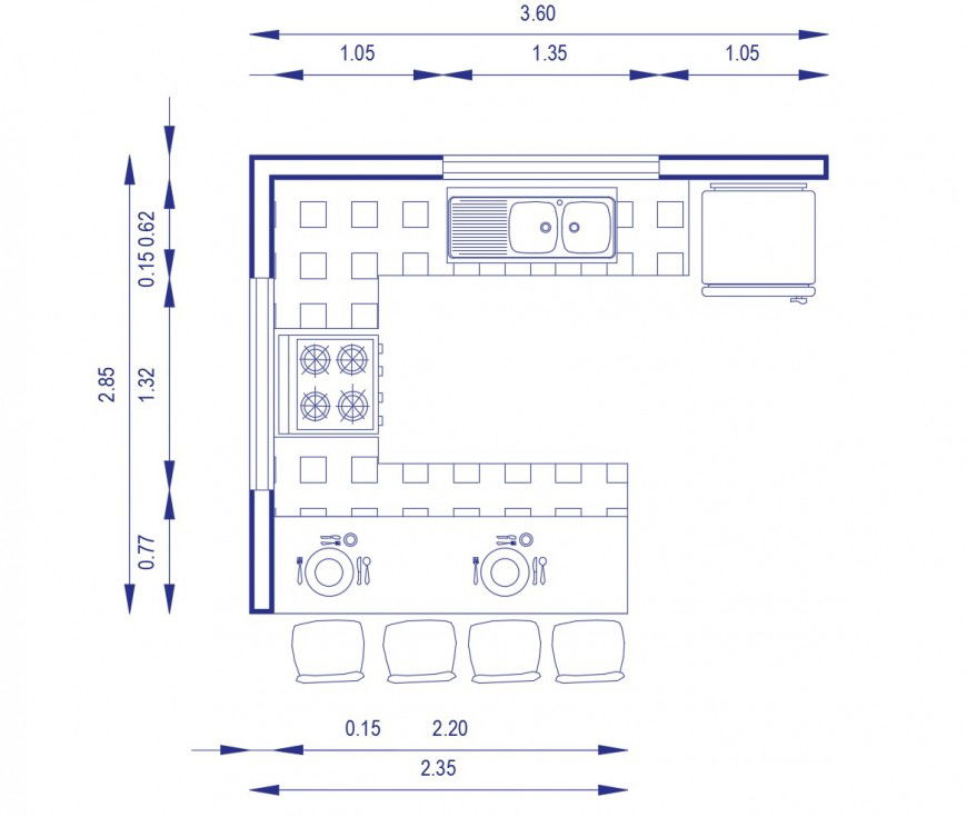Plan of kitchen detail with appliances 2d view autocad file